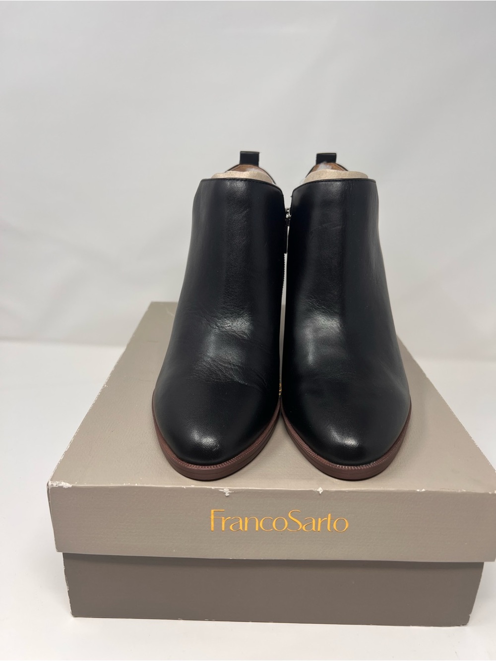 Franco Sarto Black Leather Ankle Booties with Brown Sole Trim